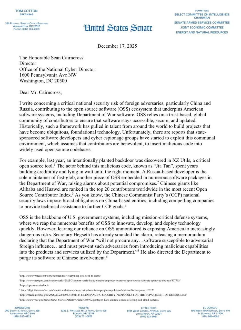 Senate Intelligence Chairman Sounds Alarm on Foreign Adversary Infiltration of Open-Source Software